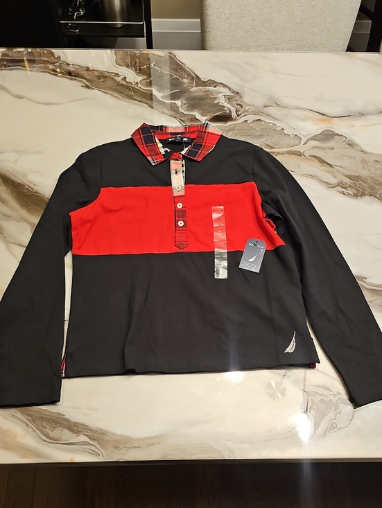 Nautica Other - Kid's Long-Sleeve Polo Shirt with Red Chest Stripe and Plaid Collar
